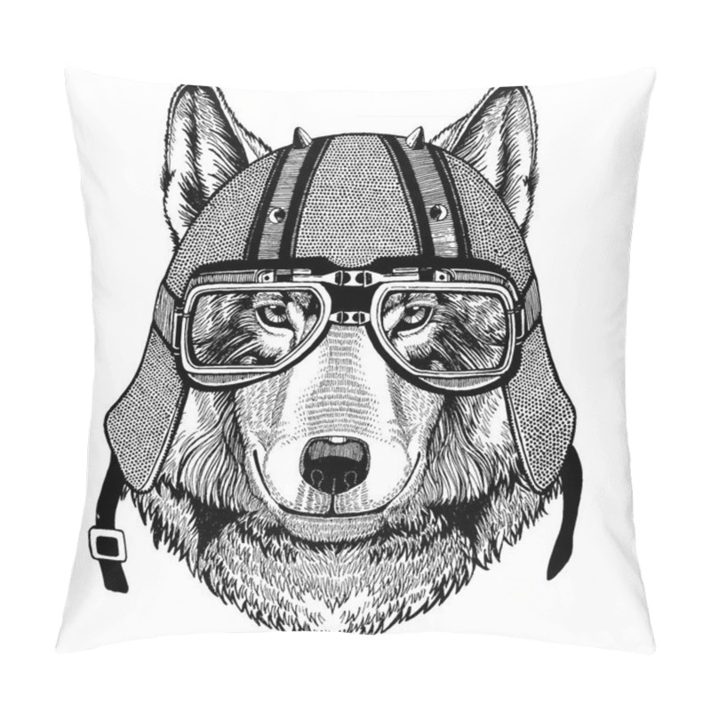 Personality  Wolf, Dog Wearing A Motorcycle, Aero Helmet. Hand Drawn Image For Tattoo, T-shirt, Emblem, Badge, Logo, Patch Pillow Covers