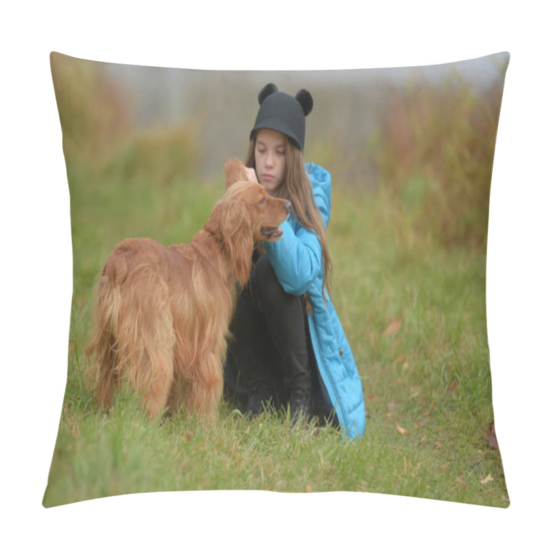 Personality  Happy Girl In The Park With A Spaniel In The Fall By The Lake Pillow Covers