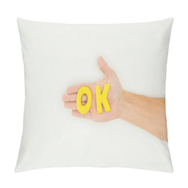 Personality  Cropped View Of Person Holding Ok Word In Yellow Cookies Isolated On White Background Pillow Covers