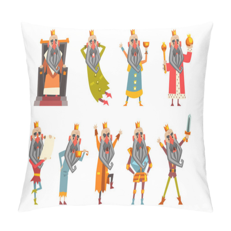 Personality  Set Of Funny King In Various Clothes. Cartoon Character Of Old Bearded Man Wearing Gold Crown. Ruler Of Kingdom. Flat Vector Design For Postcard Or Children S Book Pillow Covers