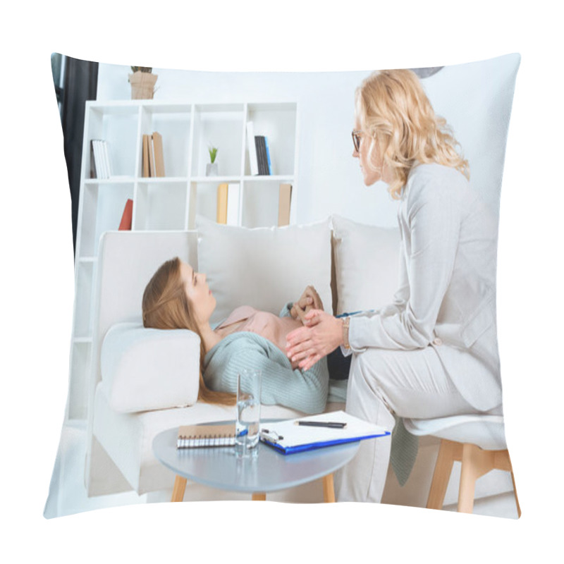 Personality  Psychologist And Patient At Therapy Pillow Covers