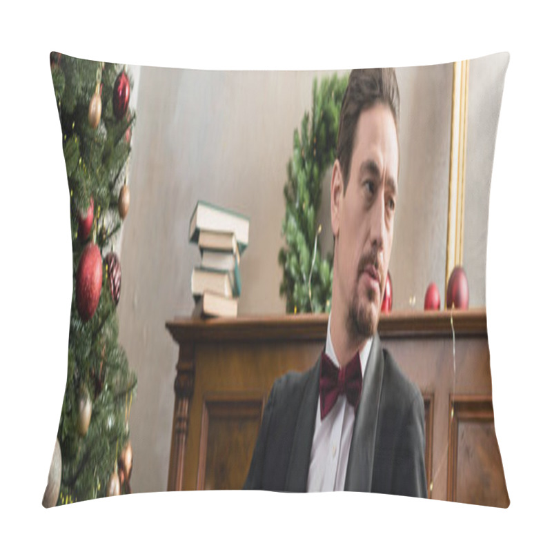 Personality  Elegant Gentleman In Tuxedo With Bow Tie Sitting Near Piano And Decorated Christmas Tree, Banner Pillow Covers