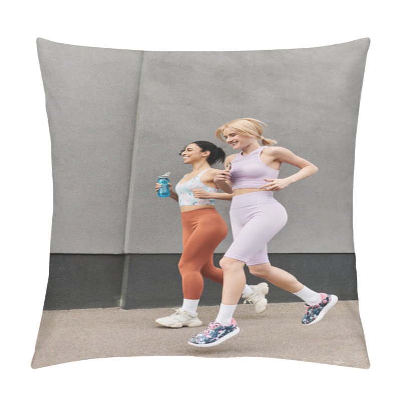 Personality  Two Loving Young Women Jog Side By Side, Sharing Laughter And Joy On Their Run. Pillow Covers