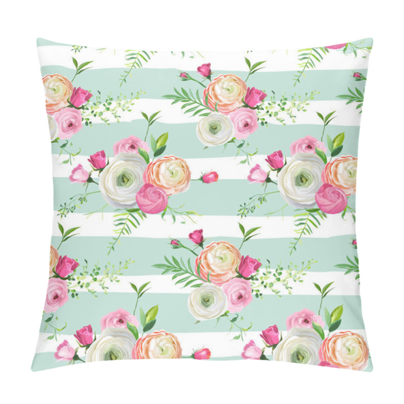 Personality  Floral Seamless Pattern With Pink Roses And Ranunculus Flowers. Botanical Background For Fabric Textile, Wallpaper, Wrapping Paper And Decor. Vector Illustration Pillow Covers