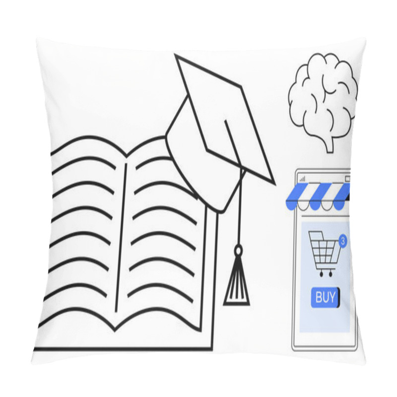 Personality  Open Book, Graduation Cap, Brain, And An Online Shopping Cart. Ideal For Education, E-learning, Intellectual Growth, Academic Achievement, And Online Education Themes. Simple Outlines And Flat Vector Pillow Covers