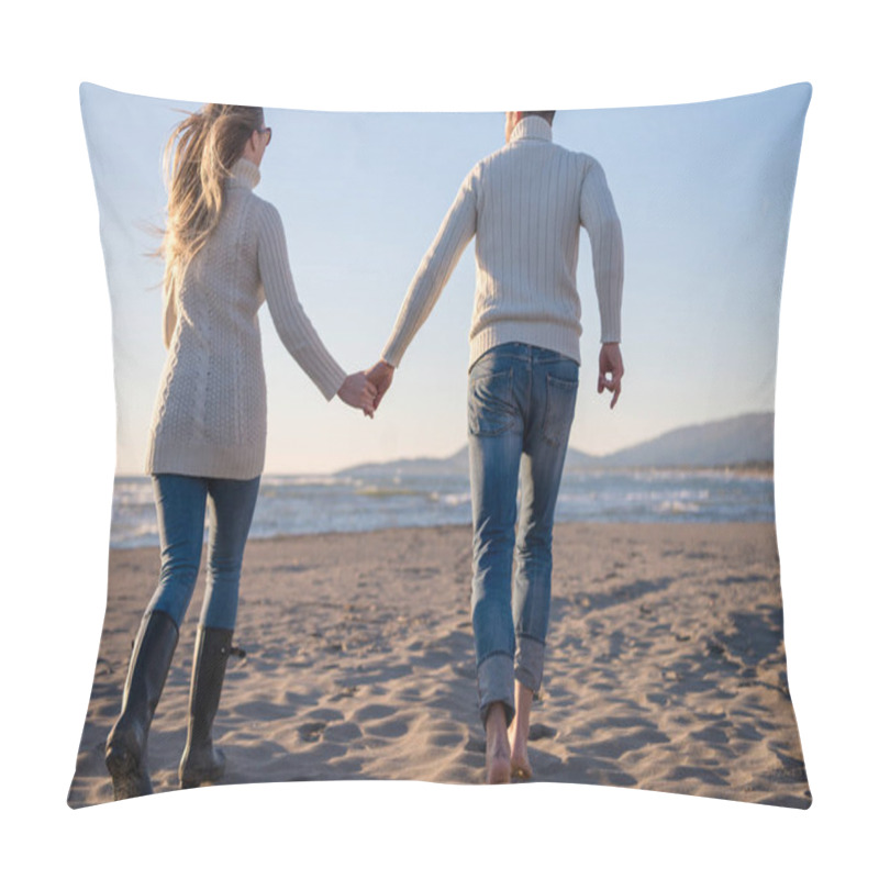 Personality  Young Couple Having Fun Walking And Hugging On Beach During Autumn Sunny Day Pillow Covers