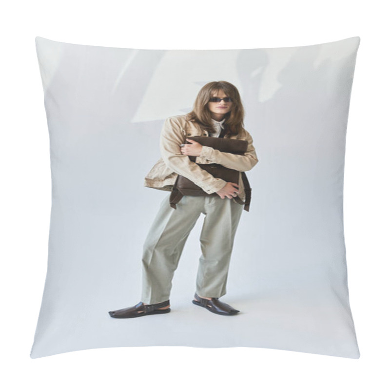 Personality  A Fashionable Young Man Stands Poised, Showcasing His Trendy Outfit In A Serene Setting. Pillow Covers