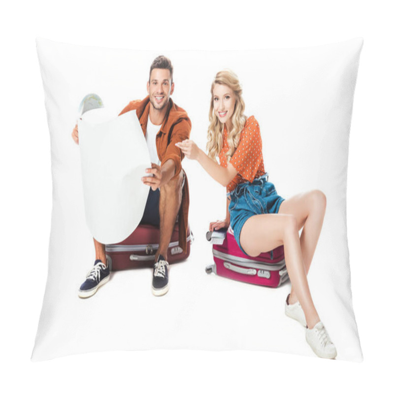 Personality  Smiling Couple Sitting On Travel Bags With Map Isolated On White  Pillow Covers