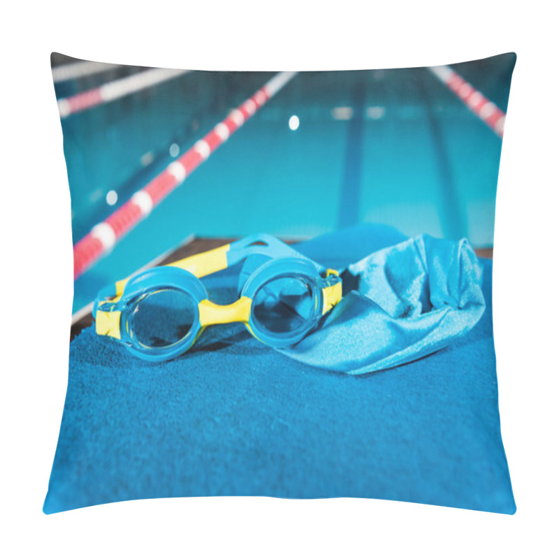 Personality  Goggles And Swimming Cap On Flutter Board Near Swimming Pool With Blue Water  Pillow Covers