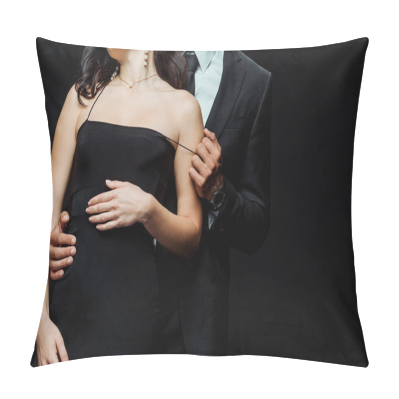 Personality  Cropped View Of Man Undressing Girl In Dress Isolated On Black  Pillow Covers