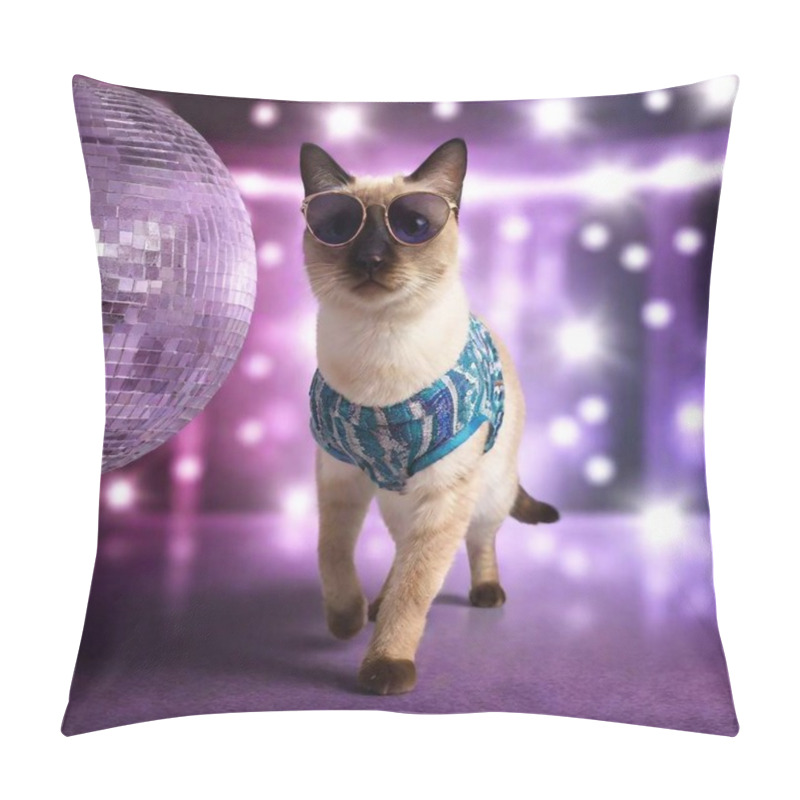 Personality  A Sassy Siamese Cat Wearing A Designer Outfit With Bold Patterns And Oversized Sunglasses, Strutting Confidently Down A Runway Surrounded By Flashing Lights And Adoring Fans. Pillow Covers