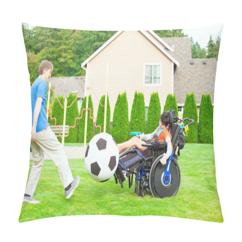 Personality   Father Playing Soccer With Ten Year Old Biracial Disabled Son In Wheelchair Pillow Covers