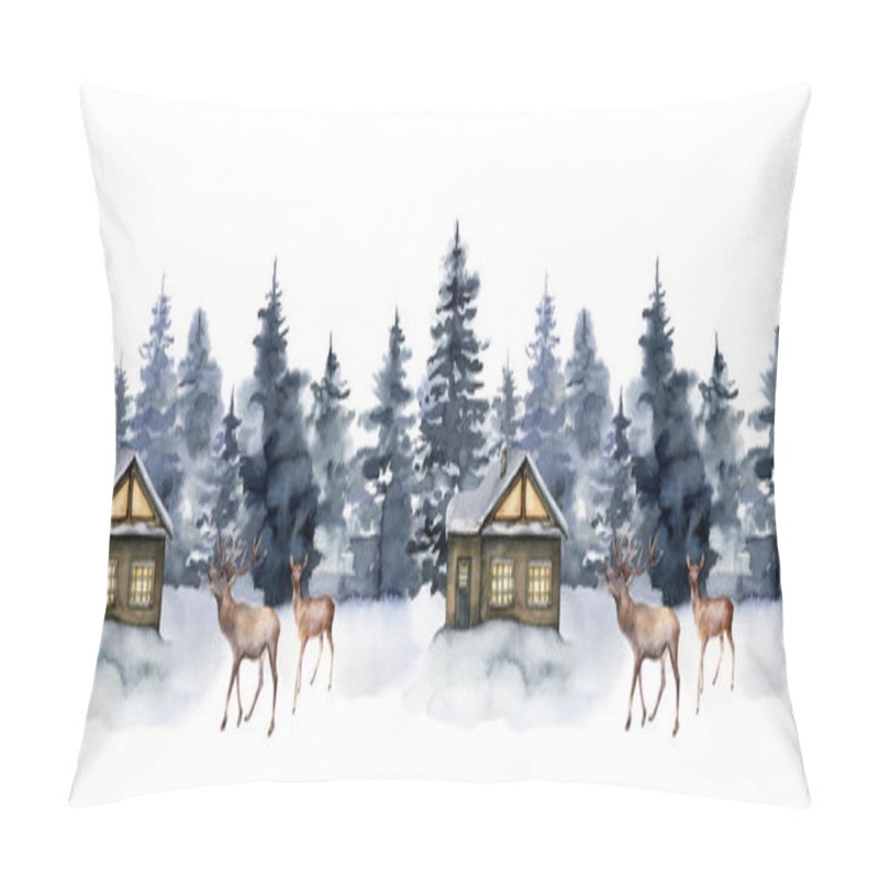 Personality  Watercolor Seamless Border With Winter Forest, Deer And House. Hand Painted Foggy Fir Trees Illustration Isolated On White Background. Christmas Clip Art For Design, Print, Fabric Or Background. Pillow Covers