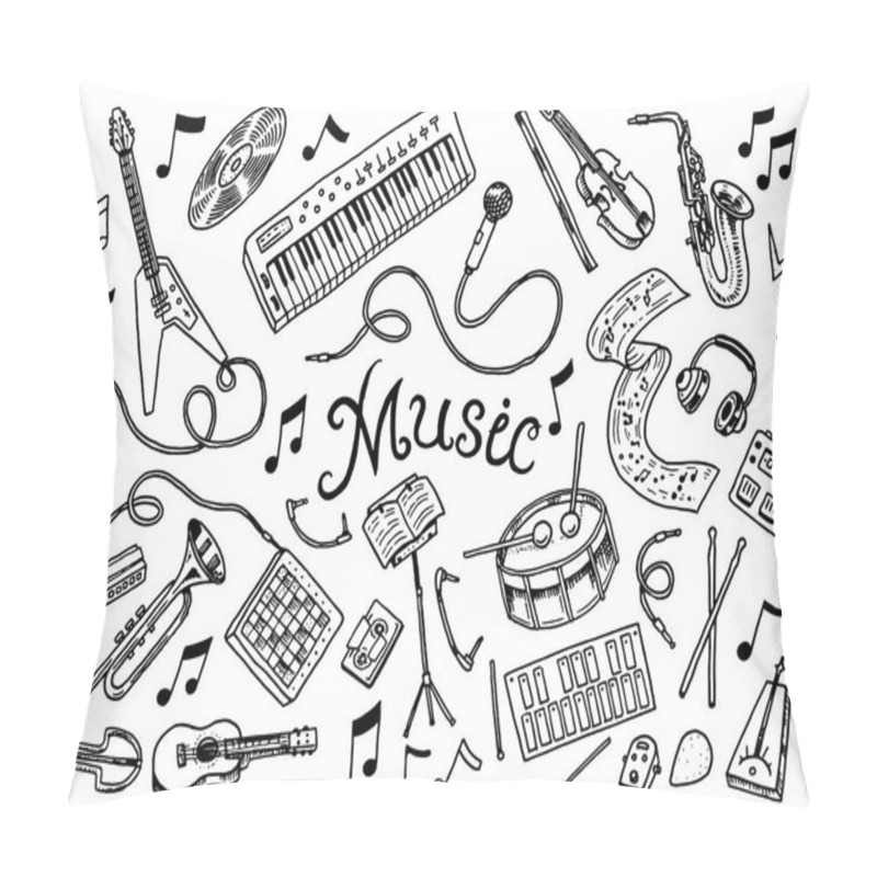 Personality  Set Of Musical Symbols And Icons. Guitar Drums Piano, Creative Tools And Hobbies. Vintage Outline Sketch For Web Banners. Education Concept. Back To School Background. Hand Drawn Doodle Style. Pillow Covers