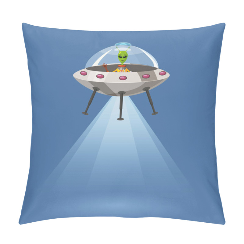 Personality  Ufo Flying Spaceship With Alien, Isolated On Blue Background, Rays Light, Cartoon Style, Vector Illustration. Concept, Template Pillow Covers