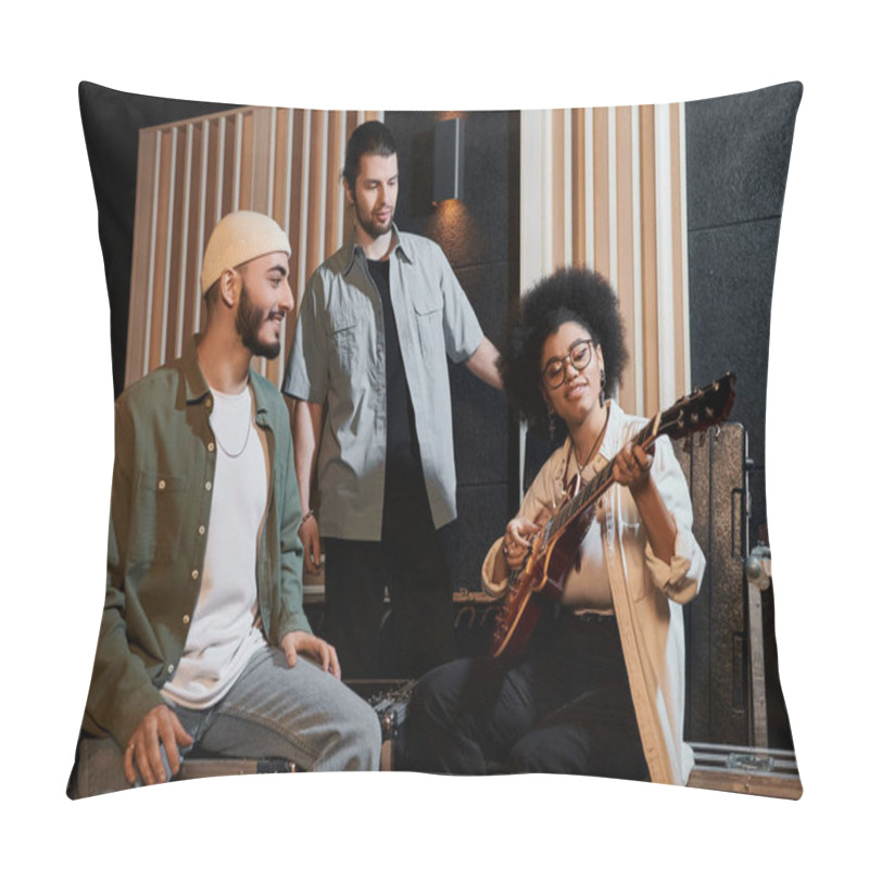 Personality  Three Individuals Sitting In A Recording Studio, Immersed In Playing A Guitar And Creating Music Together. Pillow Covers