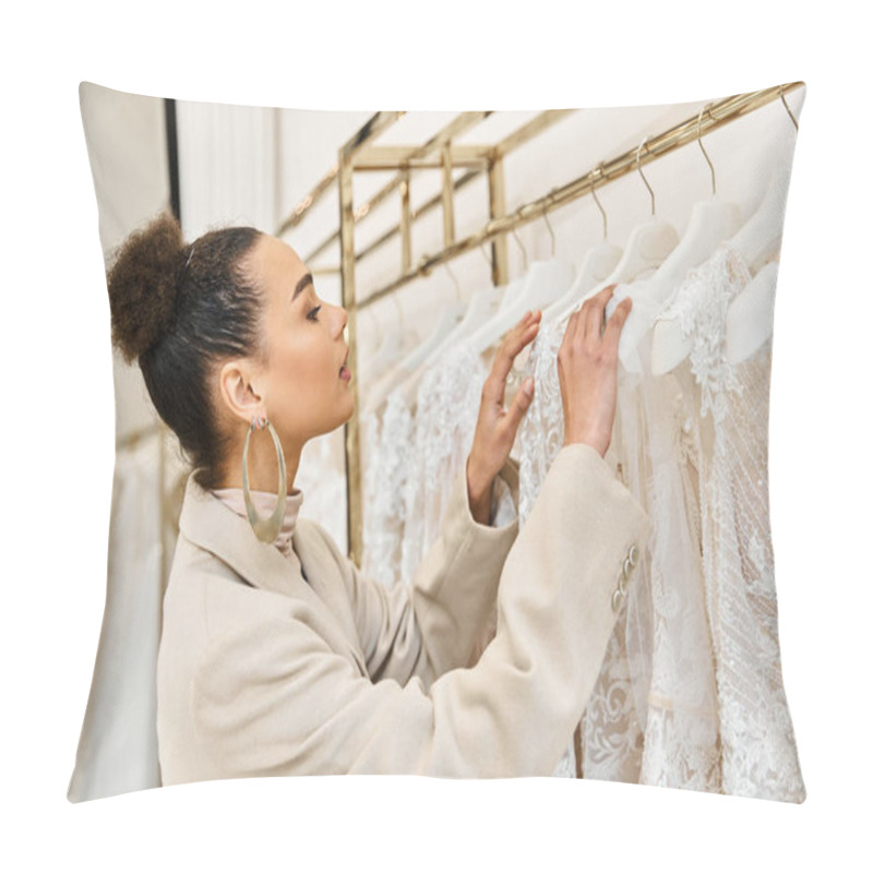 Personality  A Young Beautiful Bride Browses Wedding Dresses On A Rack In A Bridal Store. Pillow Covers