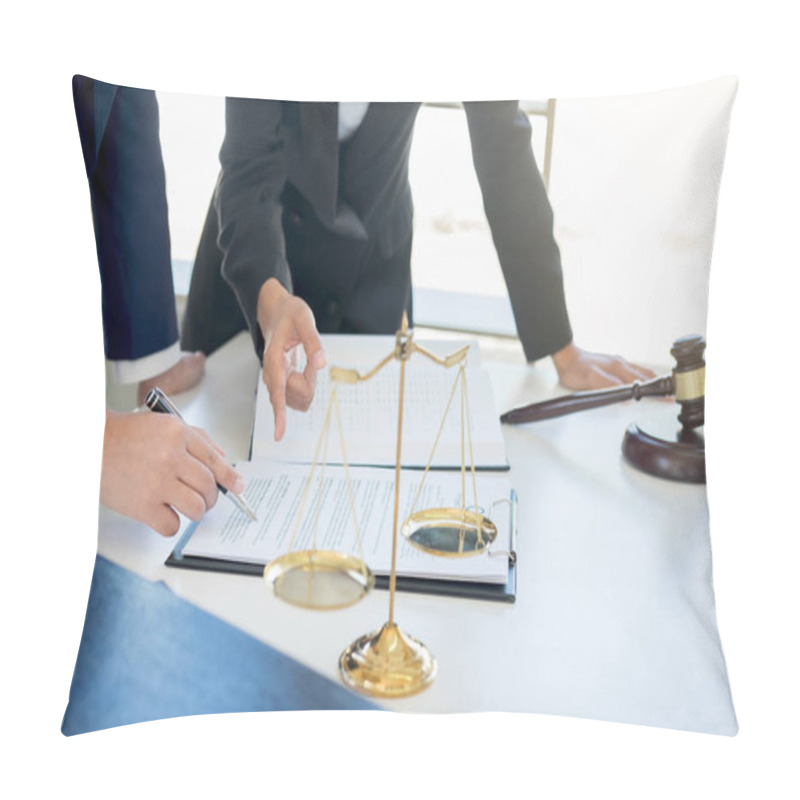 Personality  Teamwork of business lawyer colleagues, consultation and confere pillow covers