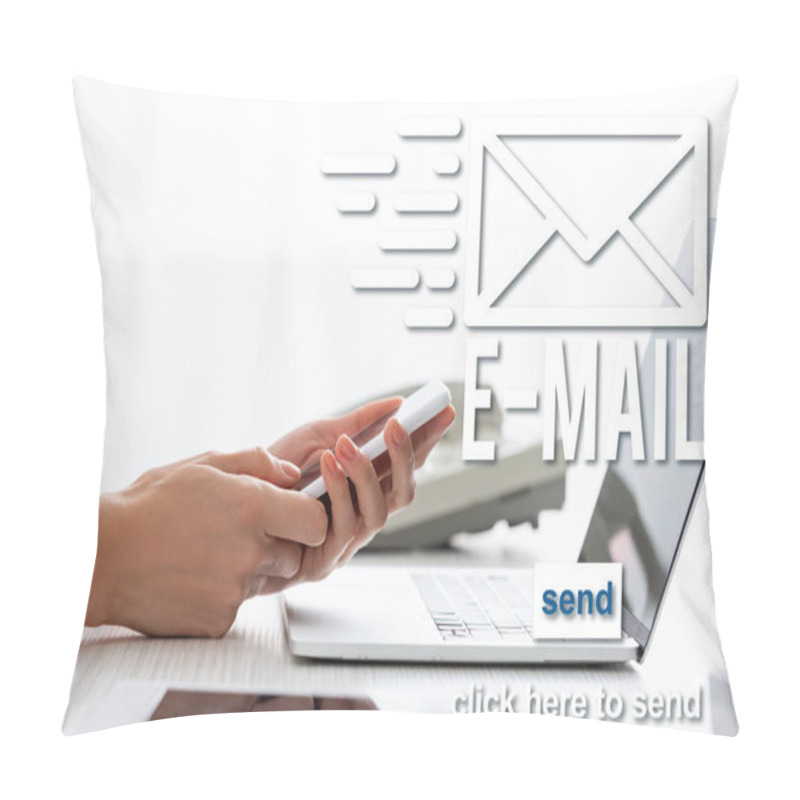 Personality  Cropped View Of Businesswoman Using Smartphone Near Digital Tablet And Laptop On Table, E-mail Illustration Pillow Covers