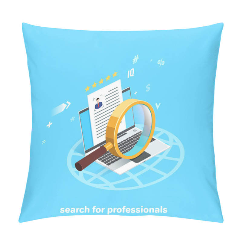 Personality  Summary Of A Man In A Business Suit On A Laptop Screen And Magnifier, Isometric Image Pillow Covers