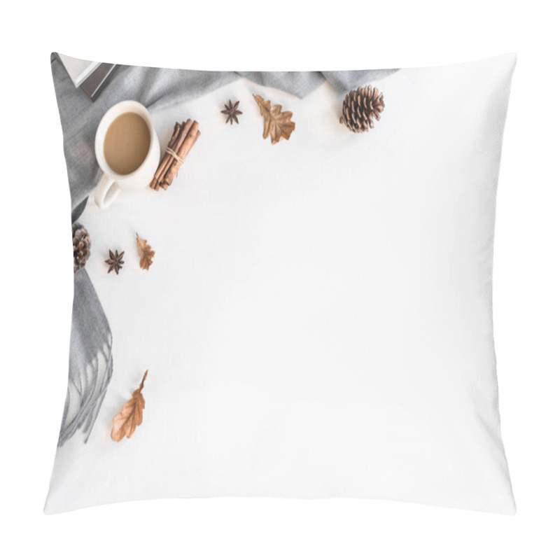 Personality  Autumn Cozy Composition With Gray Warm Blanket And Cup Of Coffee. Seasonal Autumnal Coziness With Soft Plaid, Coffee, Leaves And Cones. Cozy Home And Hygge Concept On White Background, Copy Space. Pillow Covers