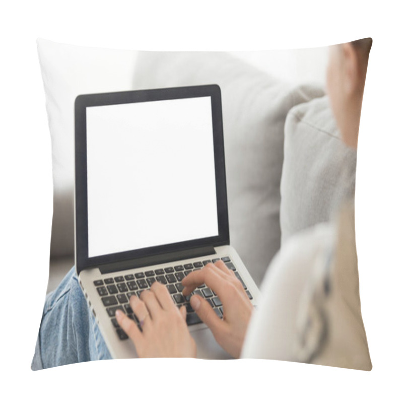 Personality  Woman Using Laptop With Blank Mockup Screen At Home Pillow Covers