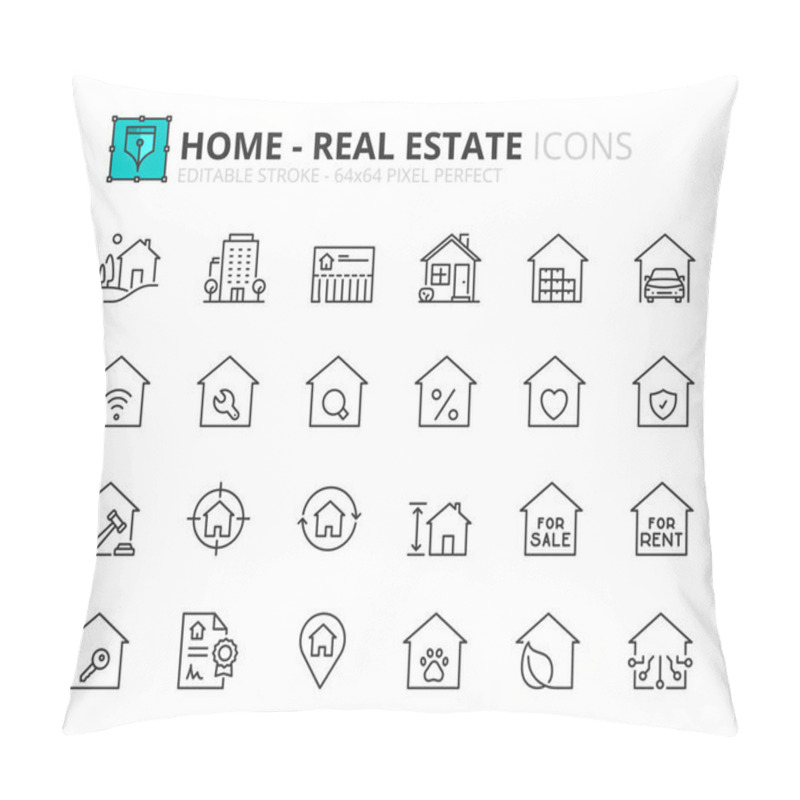 Personality  Line Icons About Home And Real Estate. Contains Such Icons As Country House, Apartments, Search For Sale Or For Rent, Mortgage And Insurance. Editable Stroke Vector 64x64 Pixel Perfect Pillow Covers