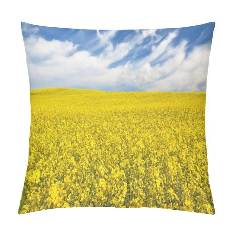 Personality  Blooming Rapeseed Field. Clear Blue Sky With Glowing Clouds. Cloudscape. Rural Scene. Agriculture, Biotechnology, Fuel, Food Industry, Alternative Energy, Environmental Conservation. Panoramic View Pillow Covers