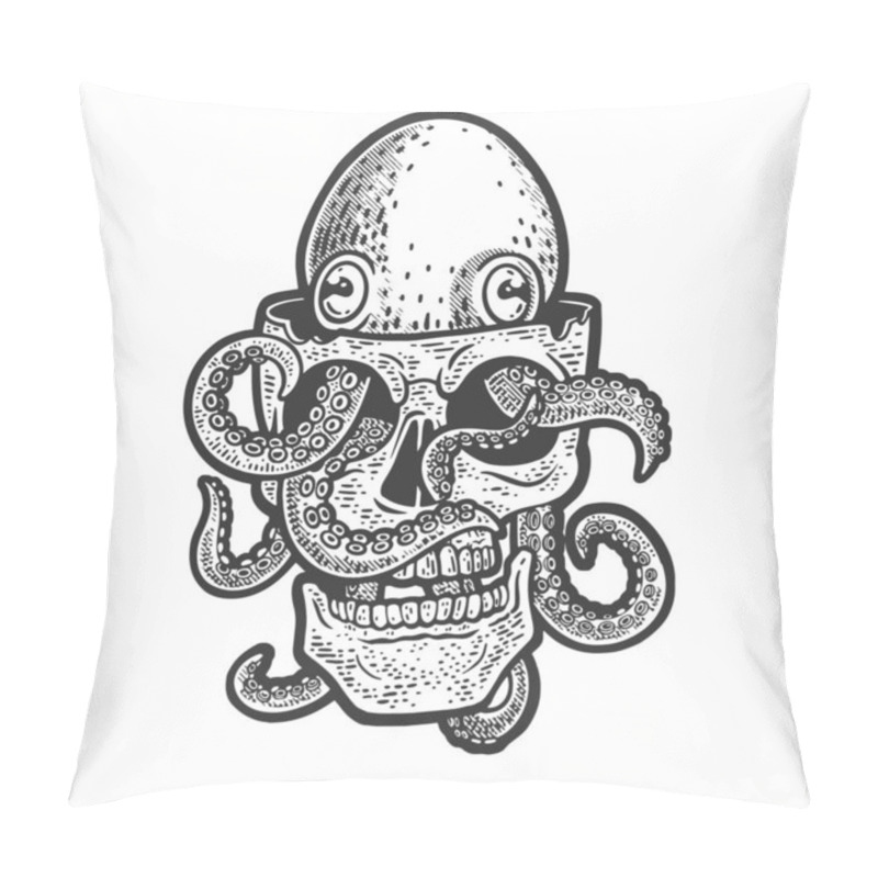 Personality  Octopus In Human Skull Sketch Engraving Raster Illustration. Scratch Board Imitation. Black And White Hand Drawn Image. Pillow Covers