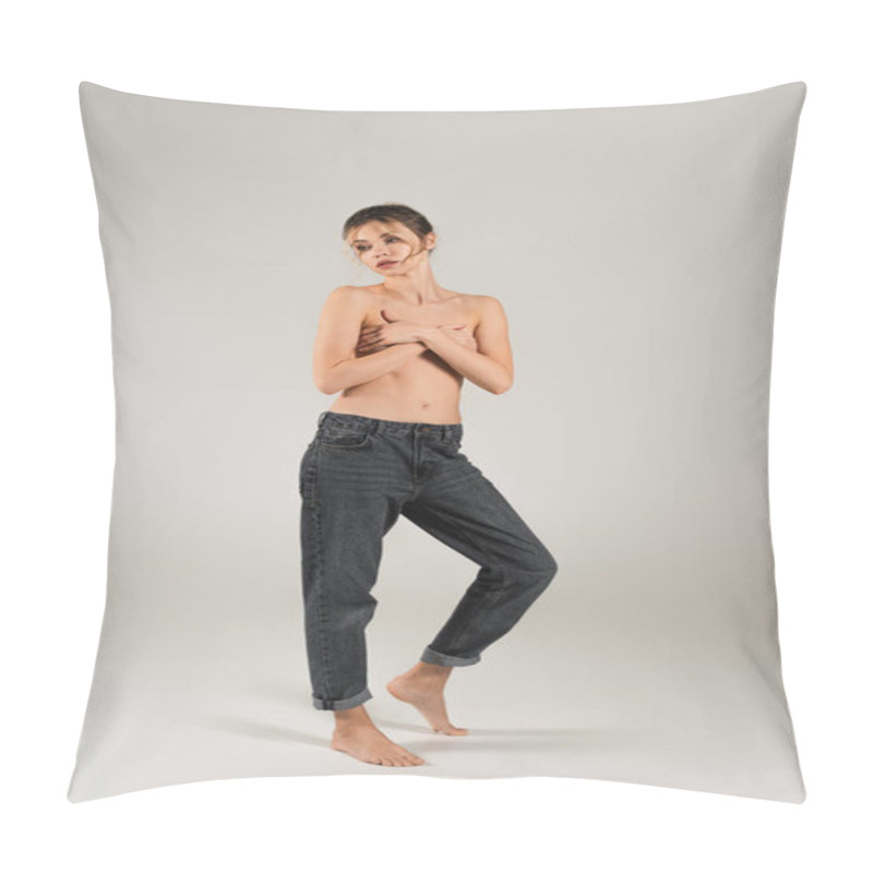 Personality  Full Length Of Half Naked Barefoot Woman In Jeans Covering Breast With Crossed Arms And Looking Away On Grey Background Pillow Covers