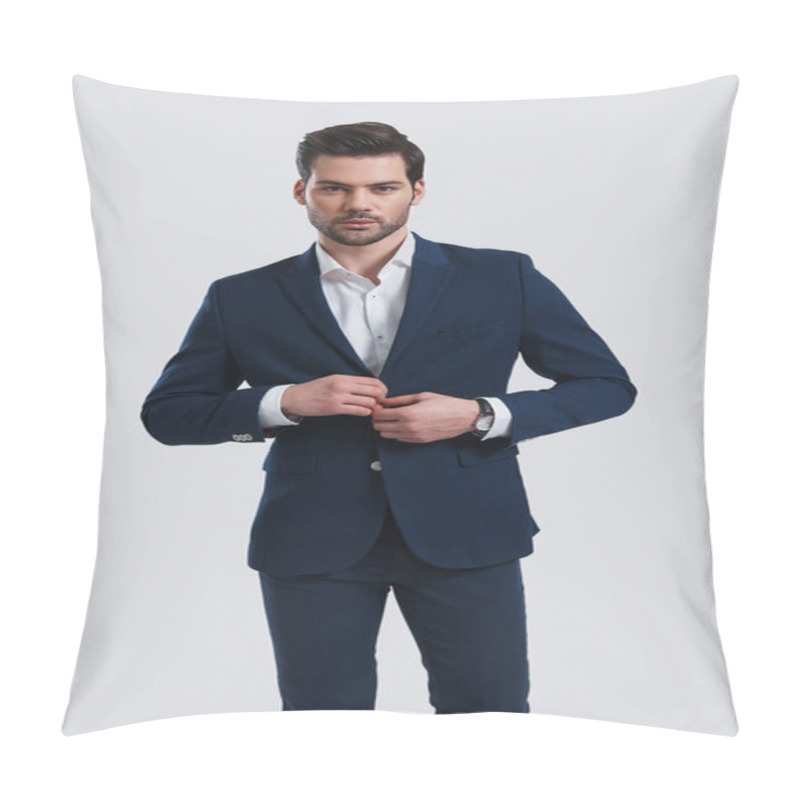 Personality  Handsome Young Man In Full Suit Adjusting His Jacket And Looking At Camera In Studio  Pillow Covers