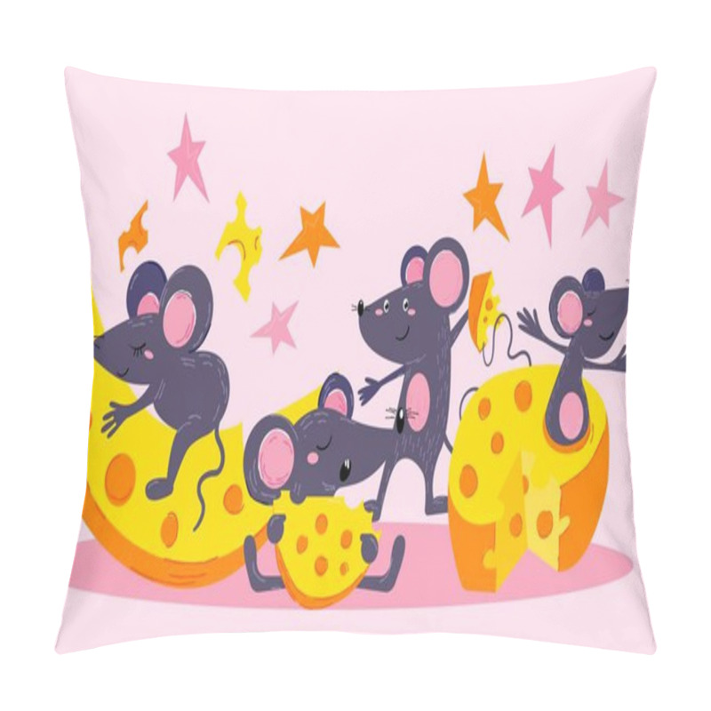 Personality  Happy Mouses And Cheese Slices Vector Illustration. Group Of Cute Little Mouses Rodents Having Fun Eating Cheese. Cartoon Mousy Fanny Animals Characters With Food. Pillow Covers