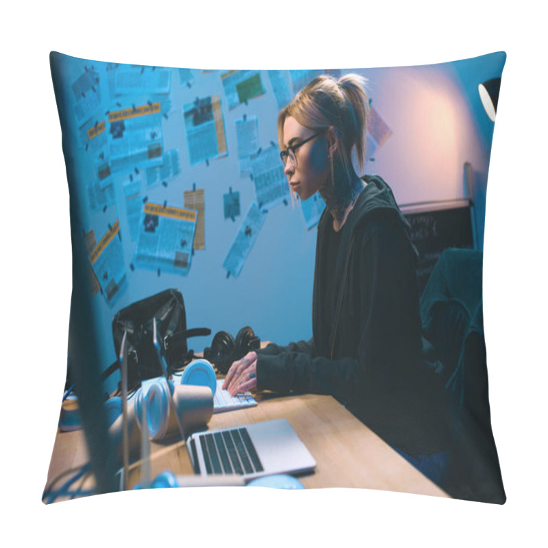 Personality  Side View Of Young Female Hacker Developing Malware In Dark Room Pillow Covers