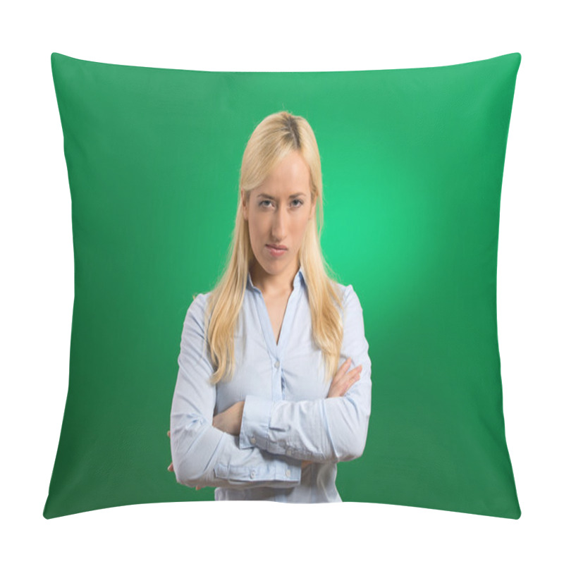 Personality  Portrait Angry Blonde Woman On Grey Background Pillow Covers