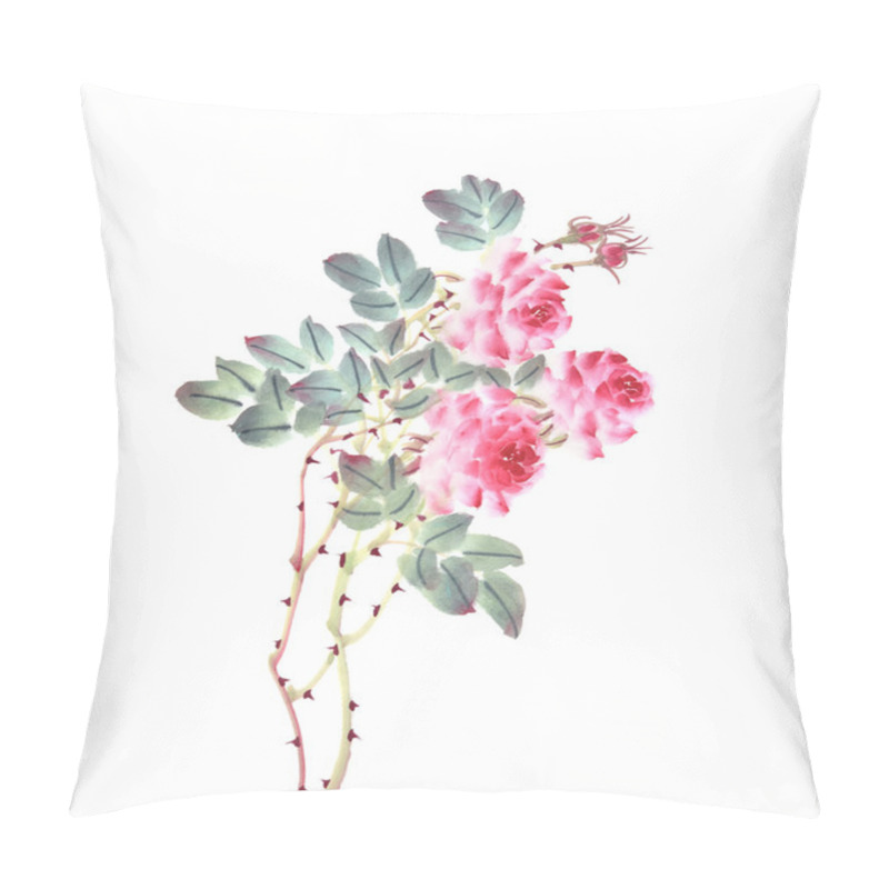 Personality  Chinese Traditional Painting Of Rose Flower On White Background Pillow Covers