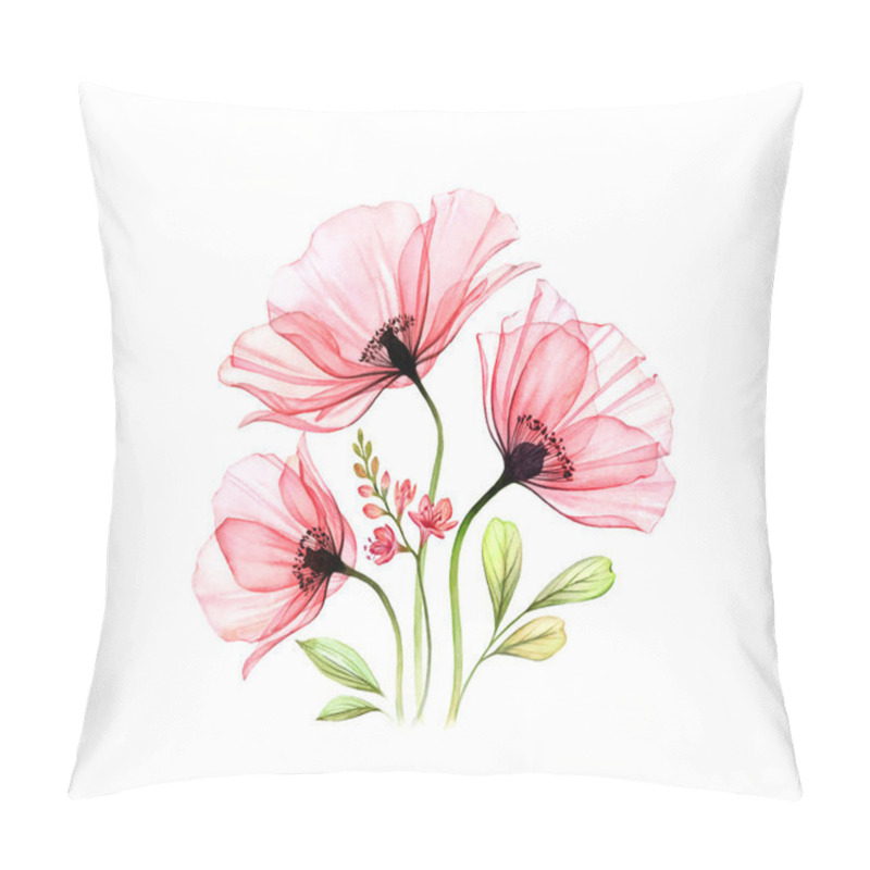 Personality  Watercolor Poppy Bouquet. Three Abstract Red Flowers And Fresia Isolated On White. Realistic Hand Painted Artwork With Transparent Petals. Botanical Illustration For Cards, Wedding Design Pillow Covers