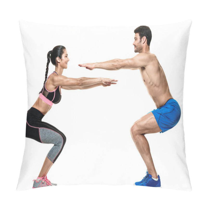 Personality  Couple Man And Woman Fitness Exercises Isolated Pillow Covers