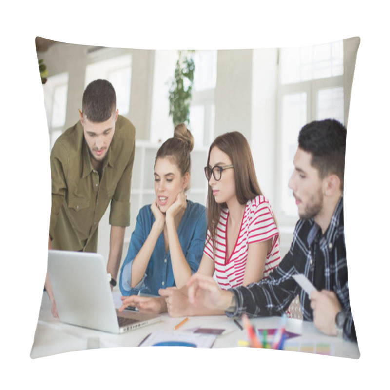 Personality  Group Of Thoughtful Men And Women With Laptop Spending Time At Work. Young Creative People Discussing New Project Together In Modern Office Pillow Covers