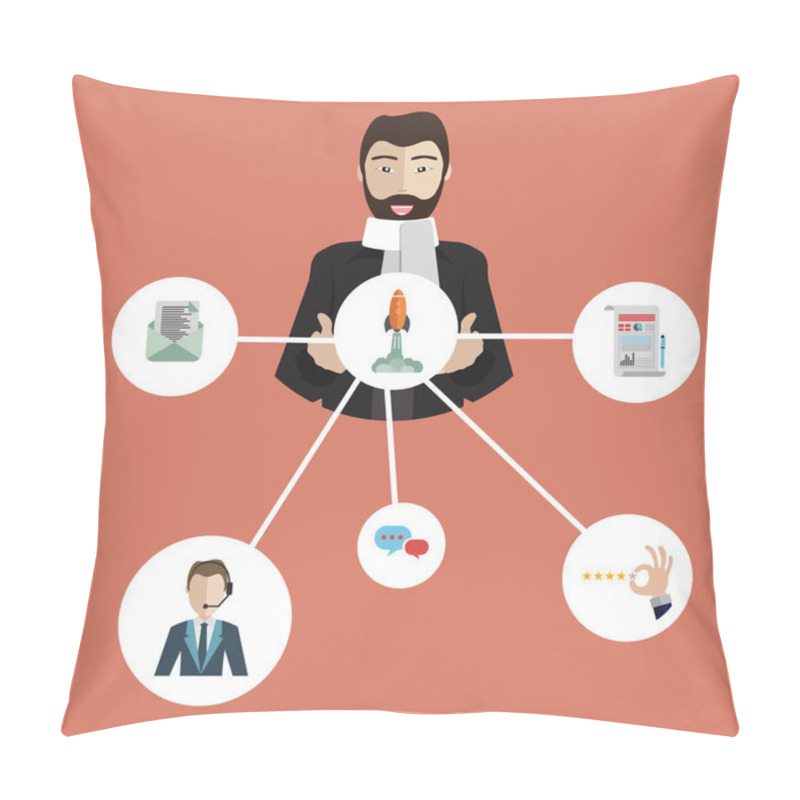 Personality  Male Hand Presenting Customer Relationship Management. System For Managing Interactions With Current And Future Customers. Flat Vector Illustration. Pillow Covers