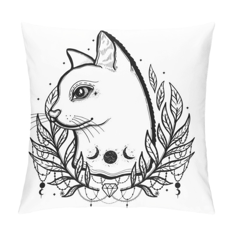 Personality  Sketch Graphic Illustration Cat With Mystic And Occult Hand Drawn Symbols. Vector Illustration. Astrological And Esoteric Concept. Vintage Hands With Old Fashion Tattoos. Black And White Pillow Covers