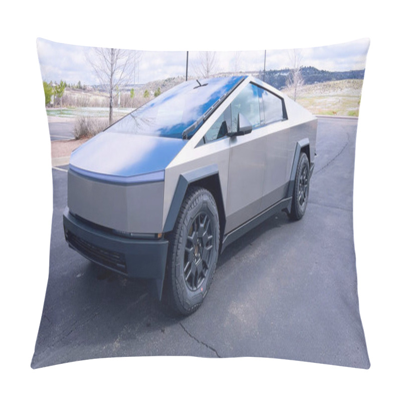 Personality  A Tesla Cybertruck Stands Out With Its Distinctive, Futuristic Design And Metallic Body Parked On A Suburban Street, Illustrating The Blend Of Advanced Automotive Technology With Everyday Life. Pillow Covers