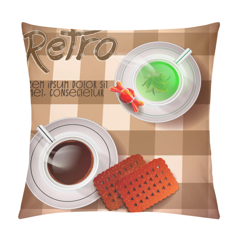 Personality  Table With Coffee Tea And Sweets. Vector Illustration Pillow Covers