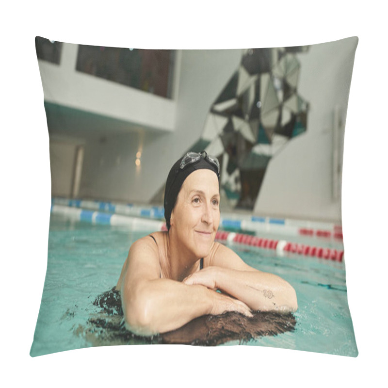 Personality  Tattooed Middle Aged Woman Swimming With Floating Board In Pool, Swim Cap And Goggles, Smile Pillow Covers