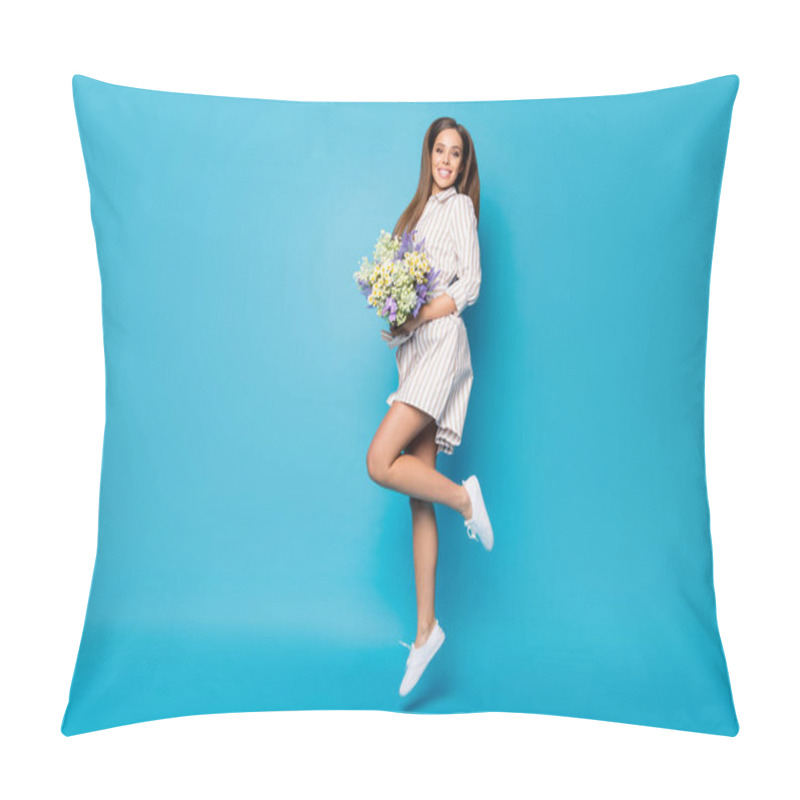 Personality  Full Size Profile Photo Of Pretty Lady Jump High Up Hold Fresh Wildflowers Bunch Enjoy Sunny Day Wear Casual Spring Striped Mini Dress Shoes Isolated Blue Bright Color Background Pillow Covers