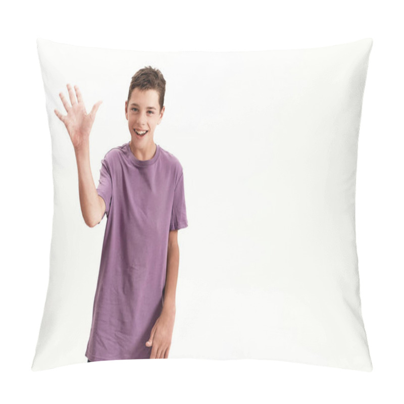 Personality  Happy Teenaged Disabled Boy With Cerebral Palsy Smiling And Waving At Camera, Posing Isolated Over White Background Pillow Covers