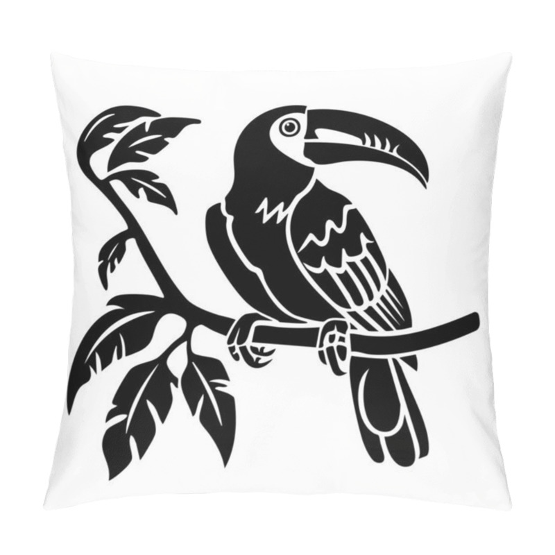 Personality  A Black And White Silhouette Of A Toucan Perched On A Branch With Tropical Leaves. The Design Is Clean, Bold, And Artistic. Wildlife Animals. Pillow Covers