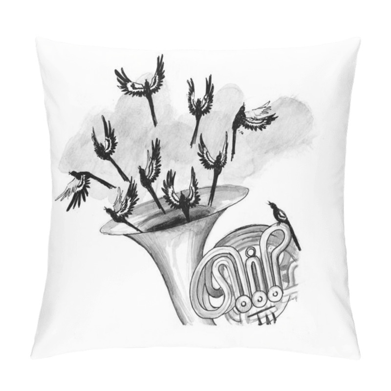 Personality  Music And Sounds Of Nature. Birds Fly Out Of A French Horn (wind Instrument) As A Symbol Of The Beauty And Freedom Of Music. Illustration Made With Thin Pencil And Watered Down Paint. The Graphic Is Monochromatic.  Pillow Covers