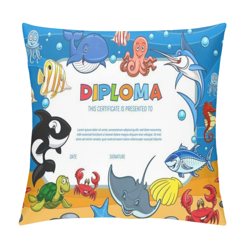 Personality  Diploma Certificate With Cartoon Underwater World Fishes And Ocean Creature, Vector Template. Kindergarten And Kid School Diploma Certificate With Smiling Whale, Octopus And Seashells In Water Pillow Covers