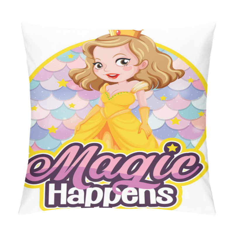 Personality  Princess Cartoon Character With Magic Happens Font Banner Illustration Pillow Covers