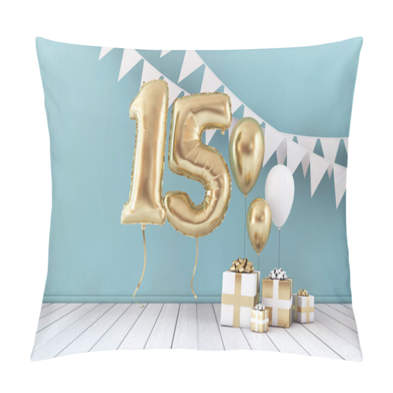 Personality  Happy 15th Birthday Party Celebration Balloon, Bunting And Gift Box. 3D Render Pillow Covers